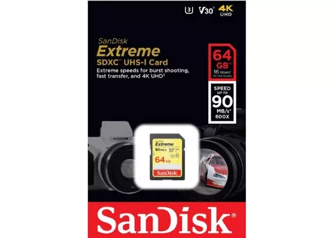 Фото: SanDisk SDXC 64 Gb Extreme 4K UHS-I U3 (R90/W40MB/s) SDSDXVE-064G-GNCIN